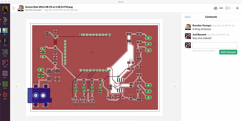 Screen capture from Slack. The final design of the device's printed circuit board (PCB).